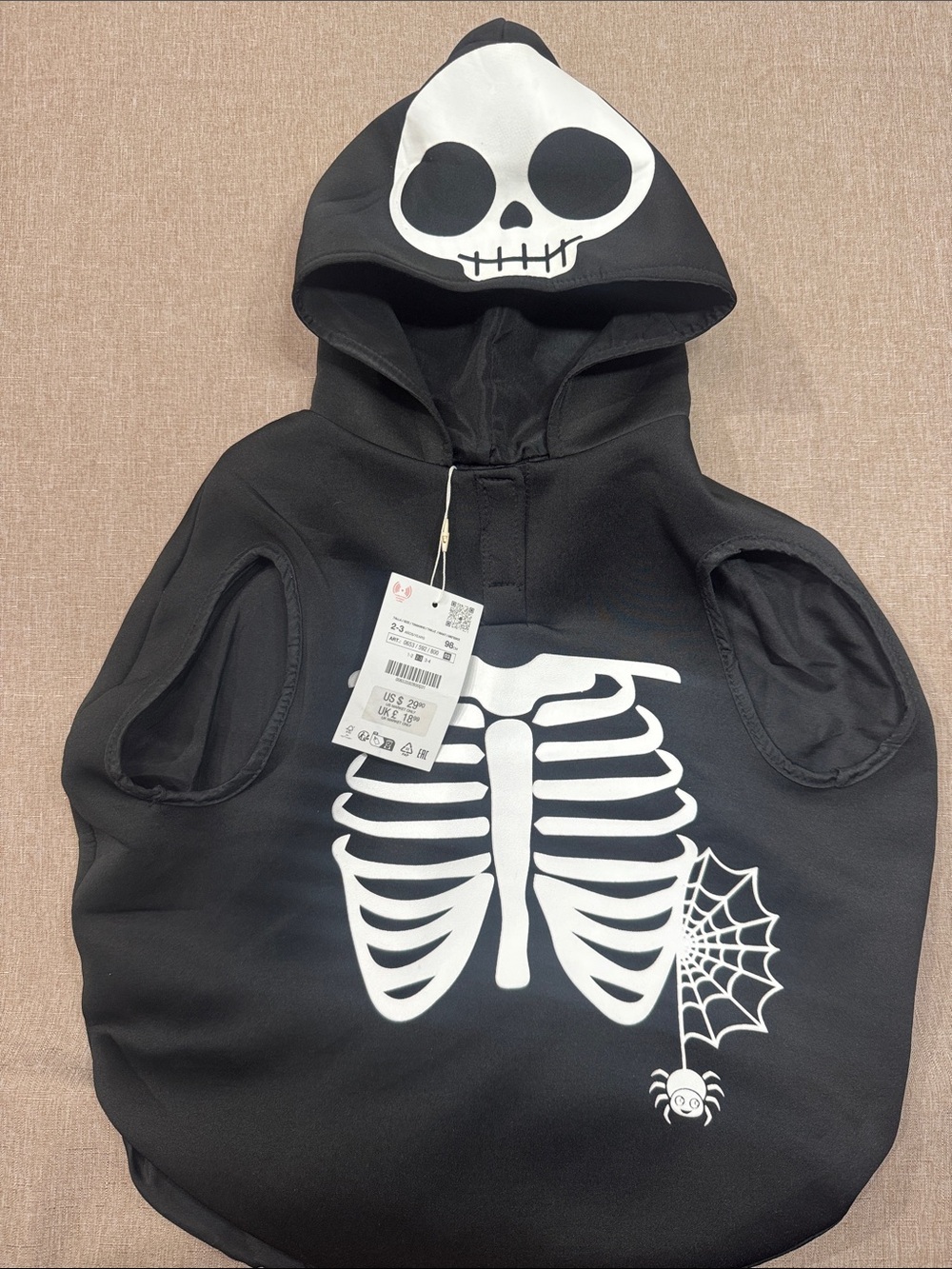 Zara Black Hoodie Skeleton Pet Costume with White Skull Print
